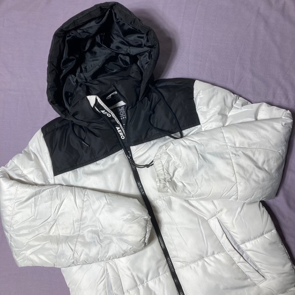 Aeropostale Puffer Jacket Mens Black White Remixed Down Full Zip Size Small - Picture 1 of 10